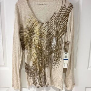 NWT XL Calvin Klein Jeans Beige and Gold Long Sleeve Tee Shirt 100% Cotton